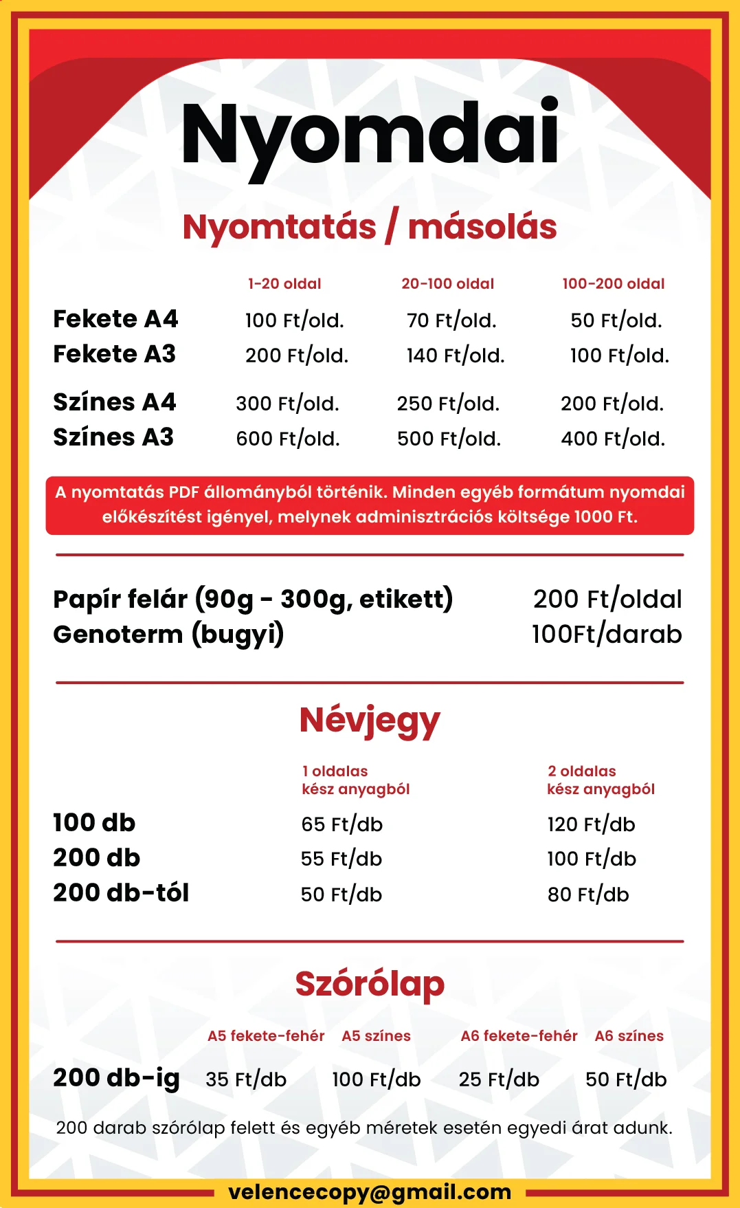 Nyomdai árlista Velence
