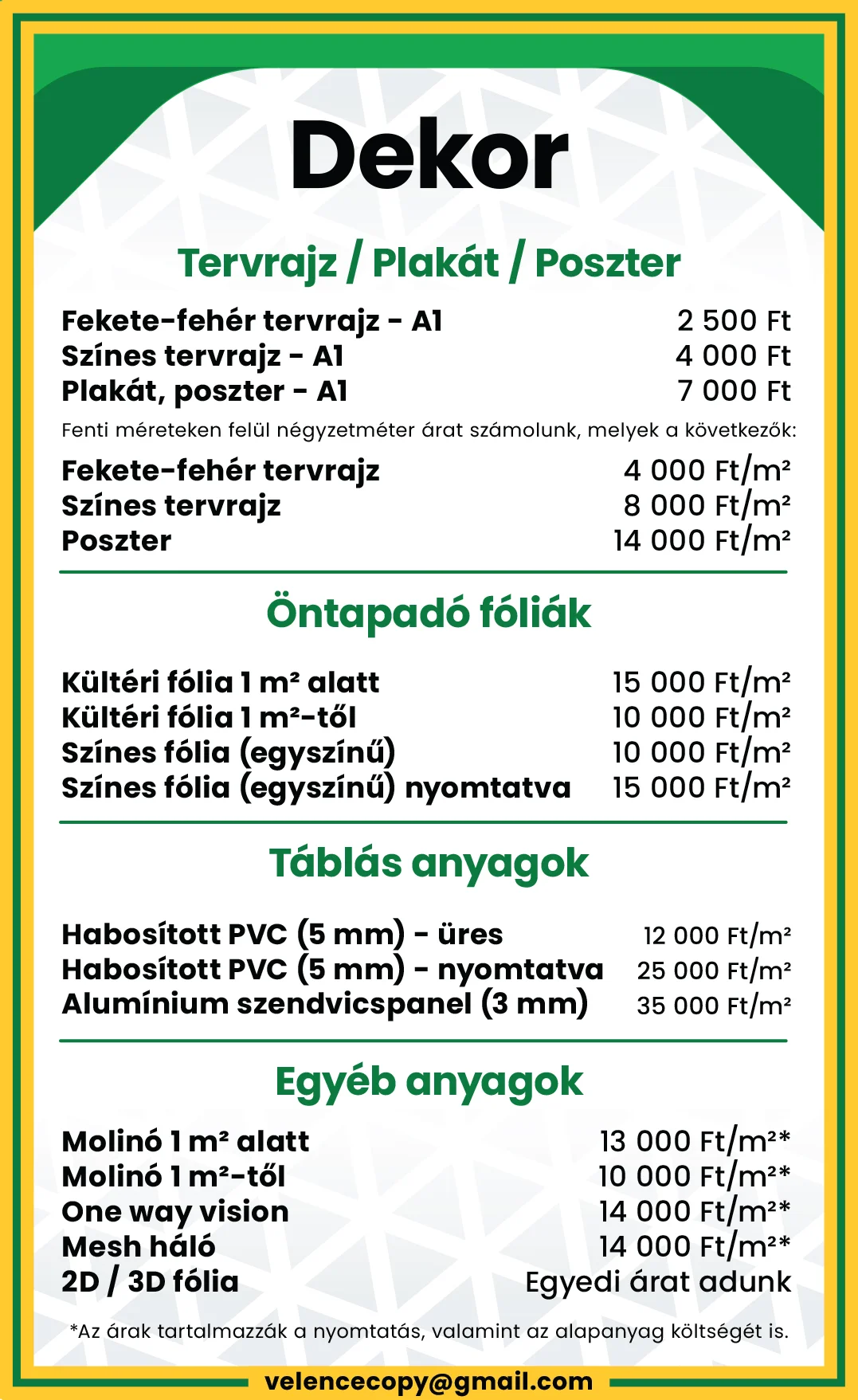 Dekor árlista Velence