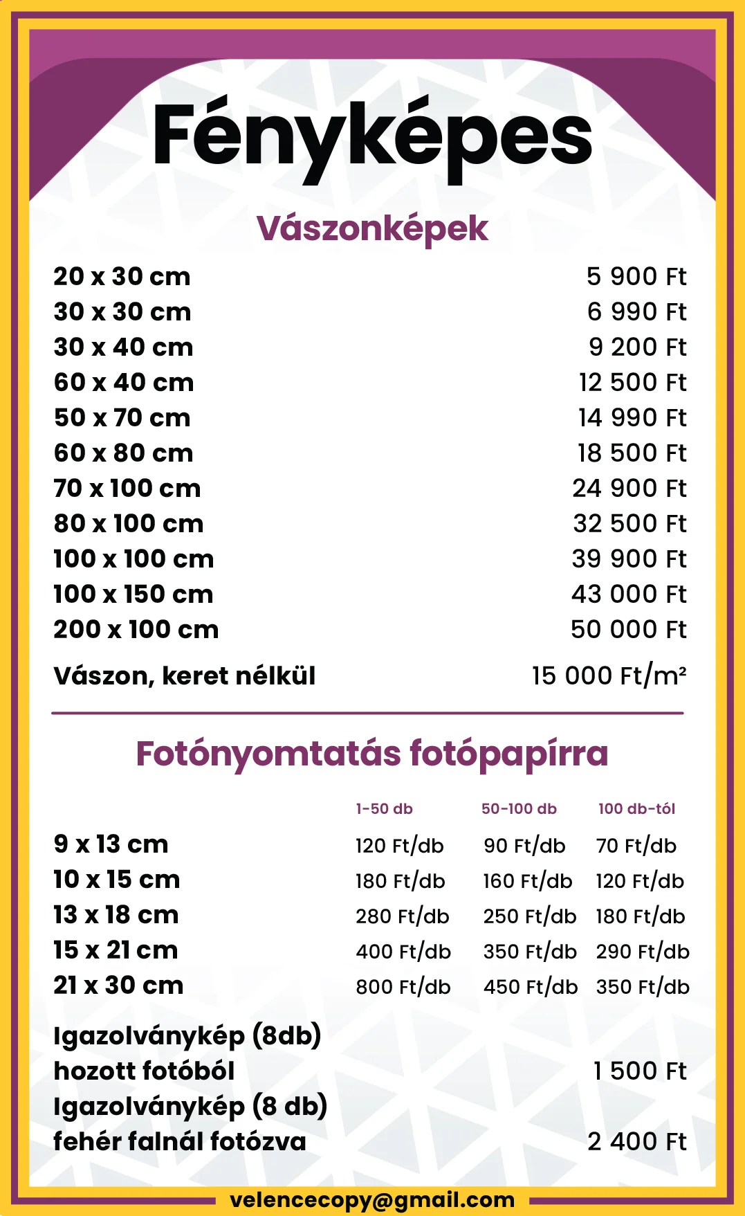 Fénykép árlista Velence