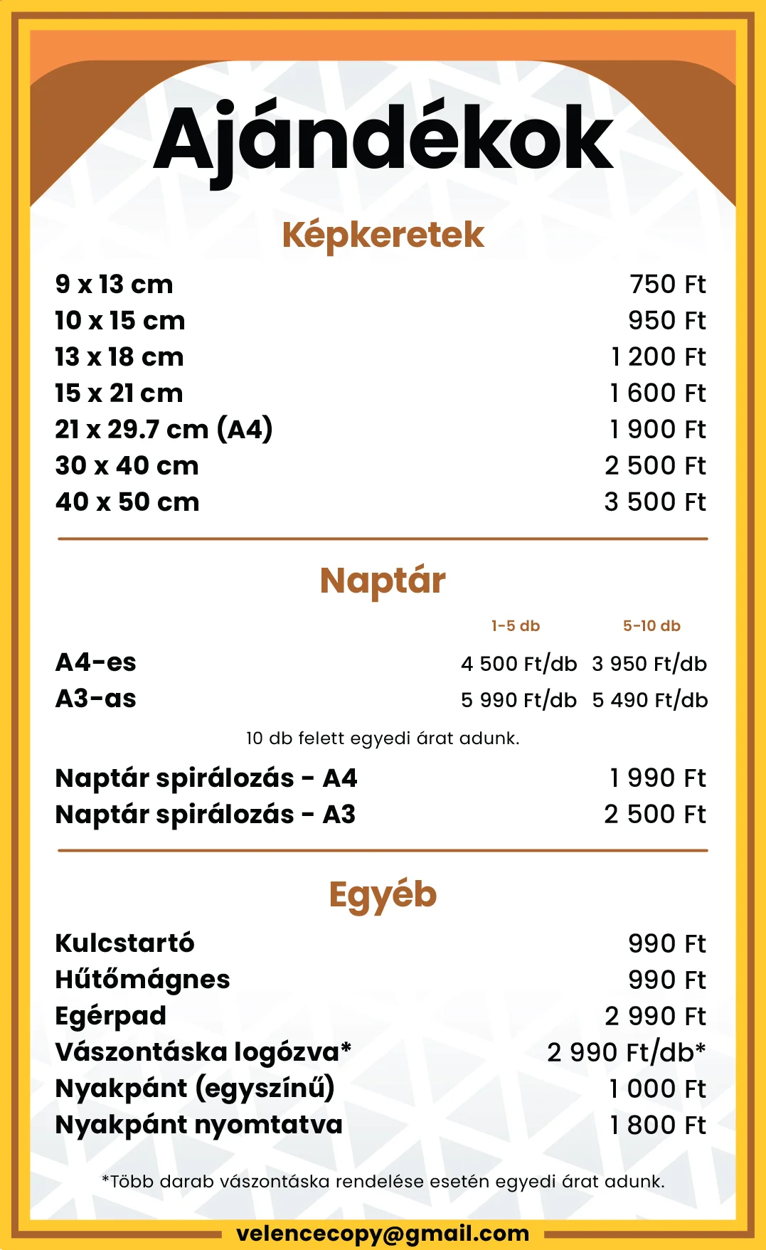 Ajándék árlista Velence