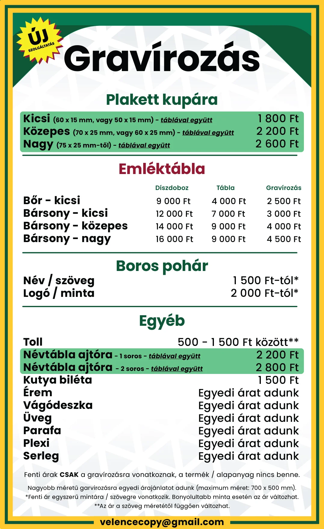Gravírozás árlista Velence