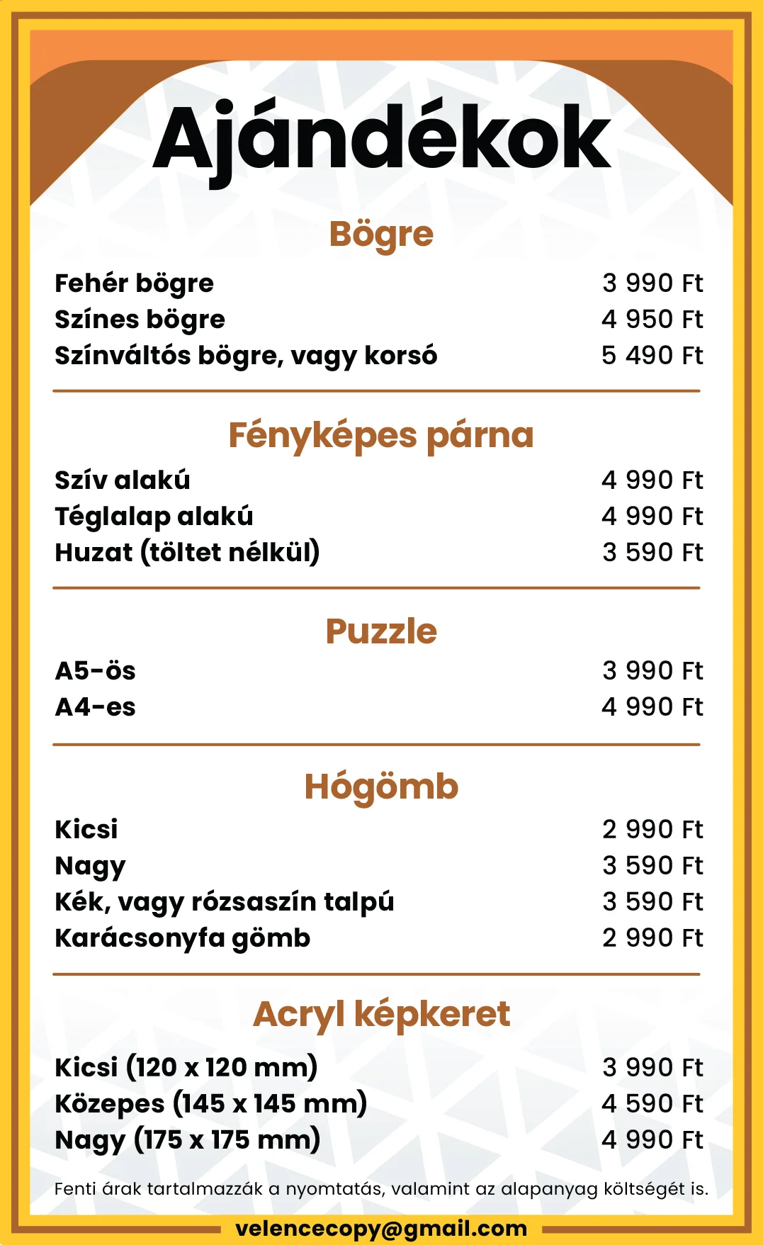 Ajándékok árlista Velence