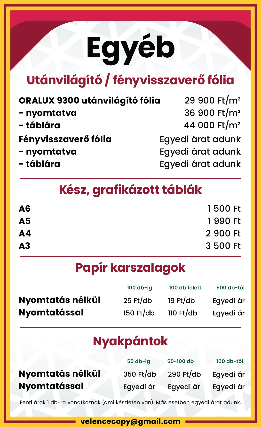 Egyéb dekor árlista Velence